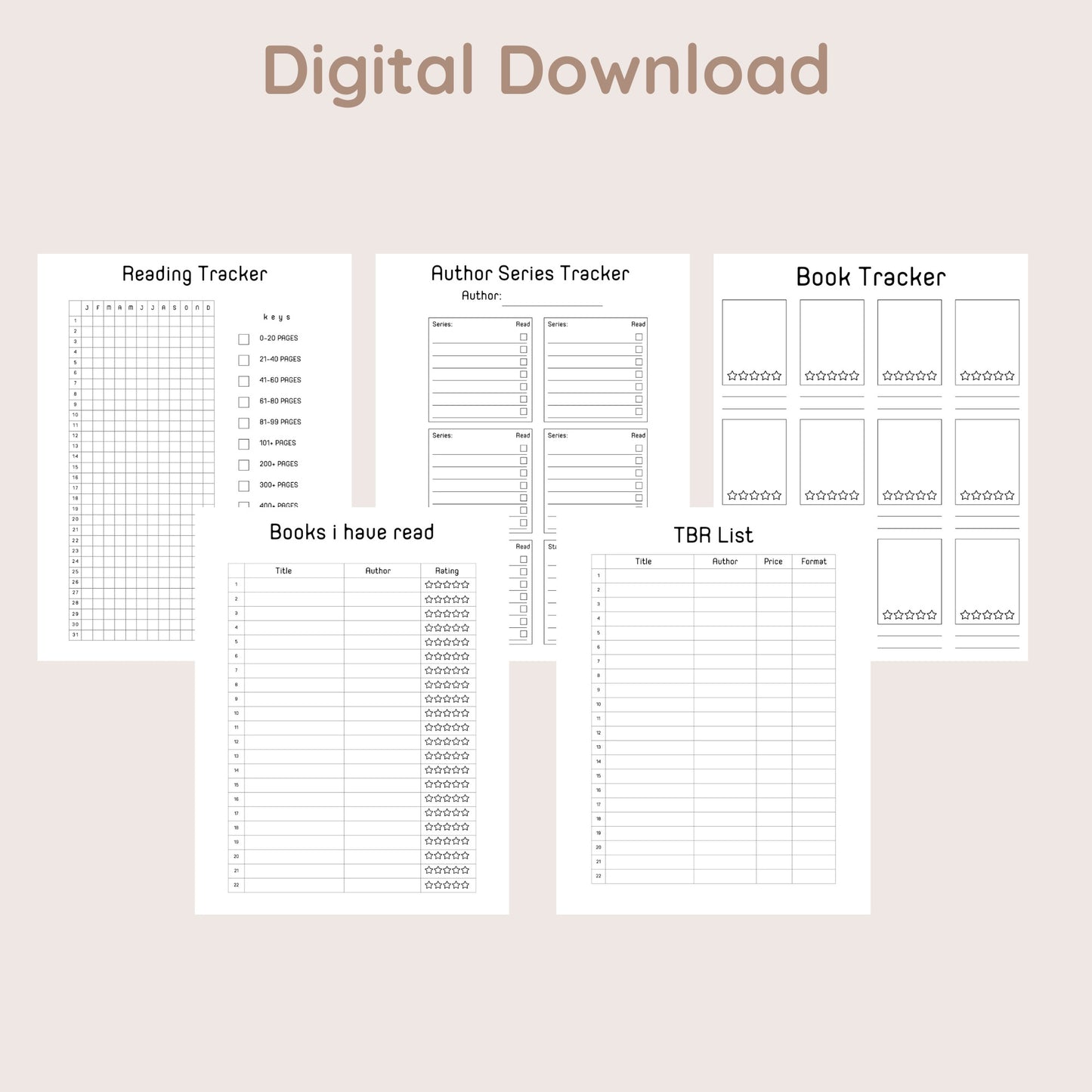 Minimalist printable book tracker set